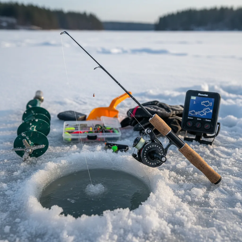 Equipamentos premium de pesca no gelo prontos para uso