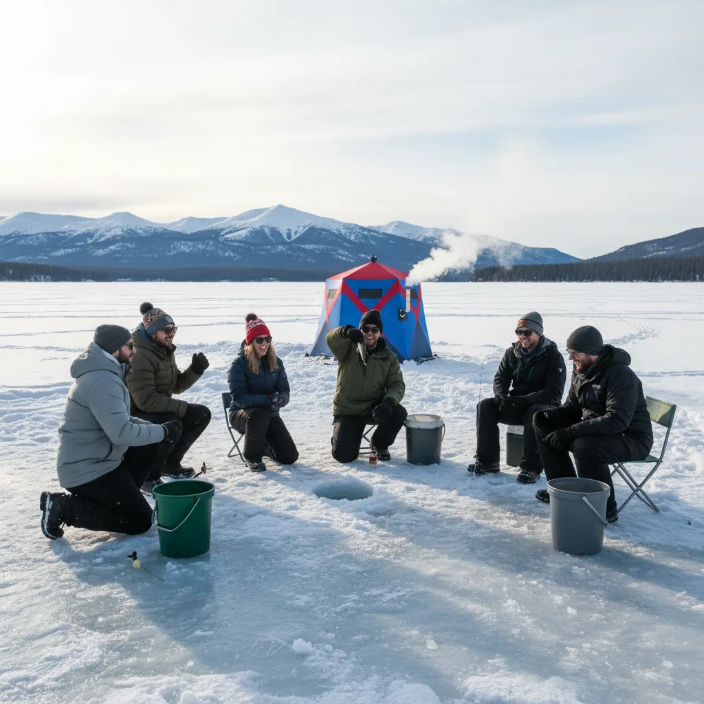 Grupo de participantes felizes praticando pesca no gelo